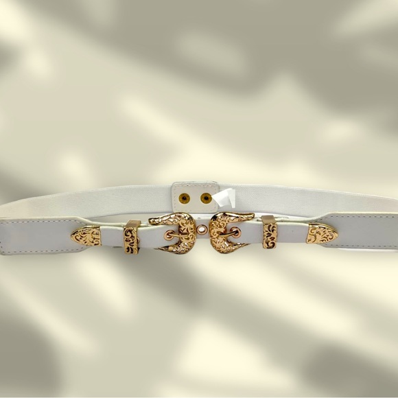 White & Gold Western Double Buckle Stretch Belt - Picture 2 of 5